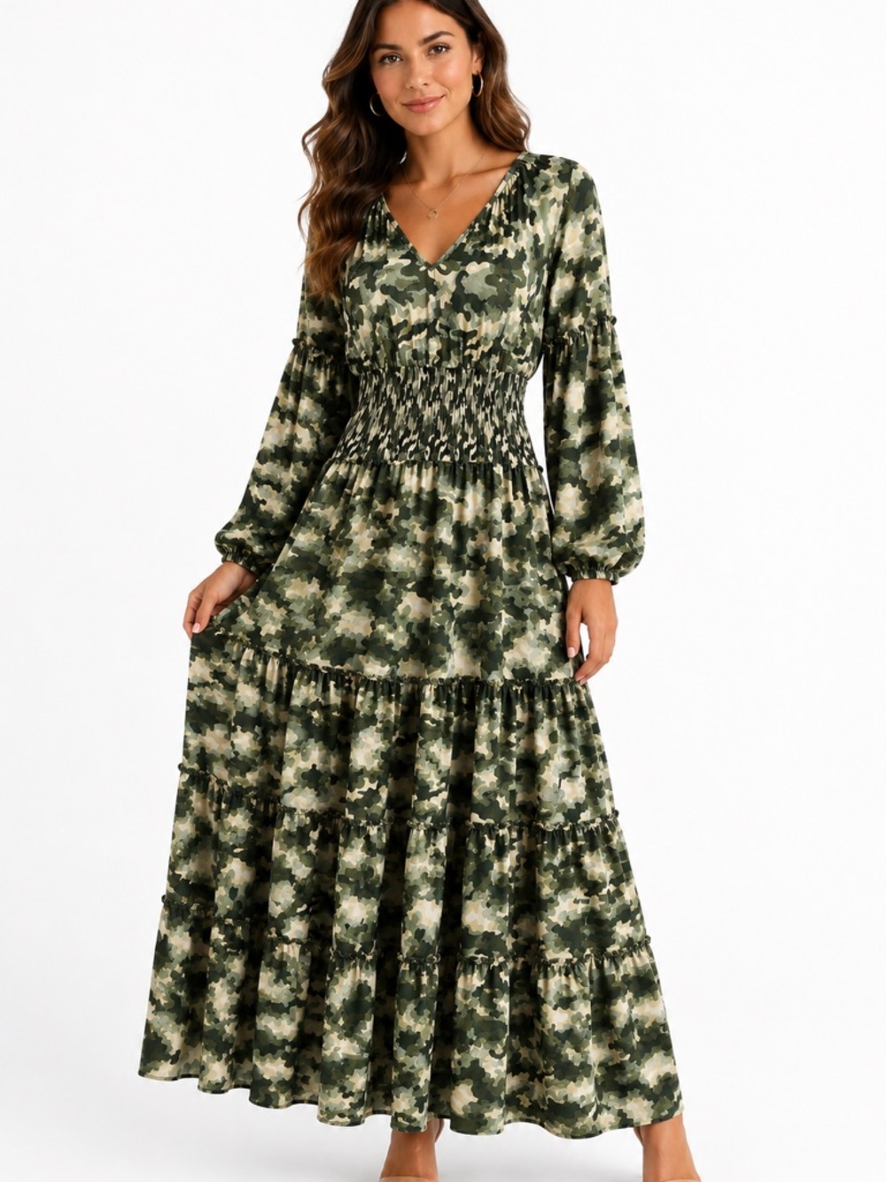SKEMO Beaded Camo Maxi Dress Size S Festival Smocked Waist Balloon Sleeve Rayon